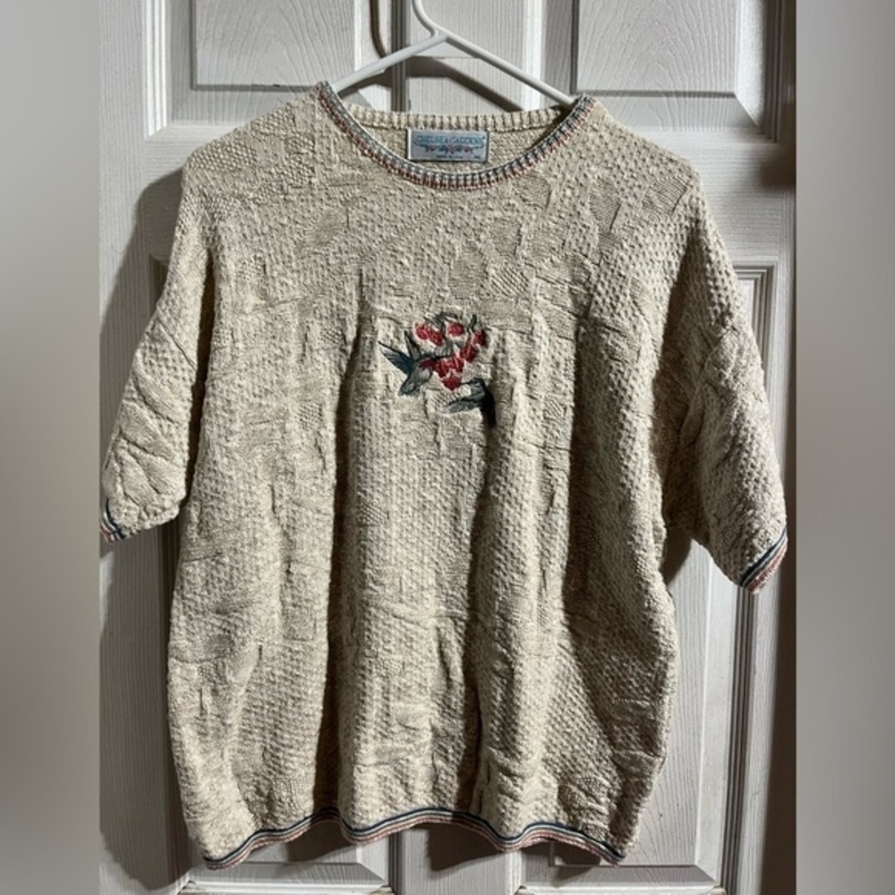 Vtg Chelsea Gardens Top Womens Size XL Knit Tan Grannycore‎ Embroidered Country